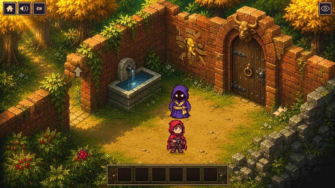 The red-hooded hero and the seer in the courtyard with the old fountain