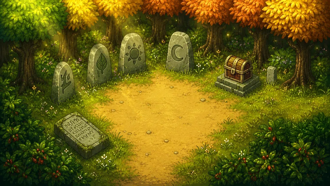 The rune grove with the stone tablet and the old chest