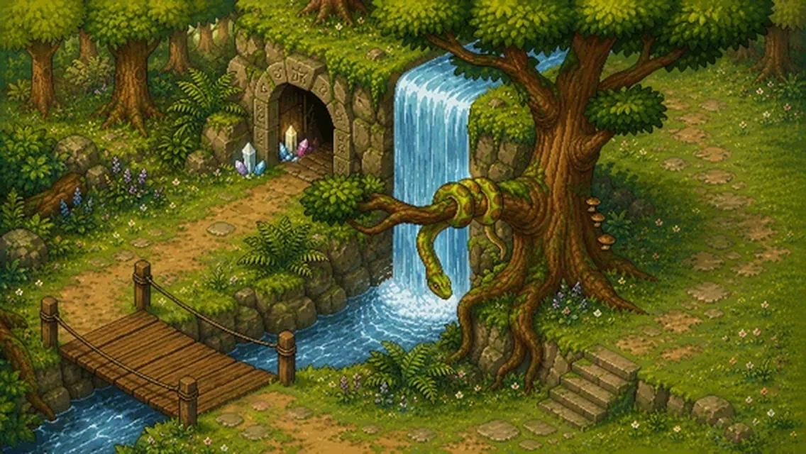 The forest grove with the broken bridge
