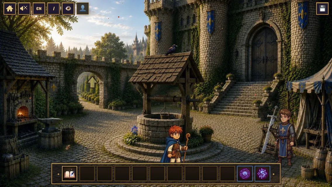 Finn in the castle courtyard by the old well and the forge