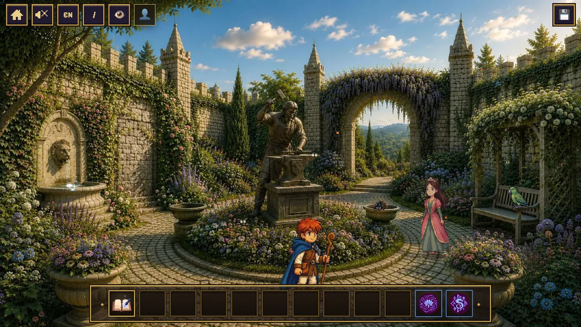 The castle garden with the statue and the princess