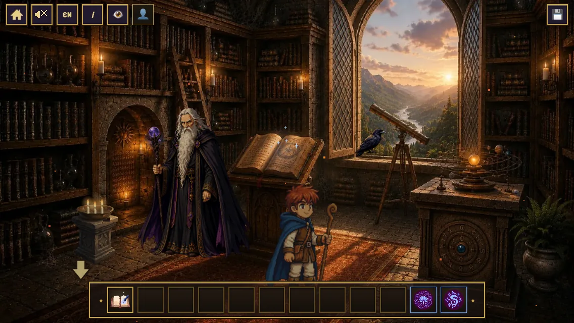 The library with the wizard, the telescope and the spellbook