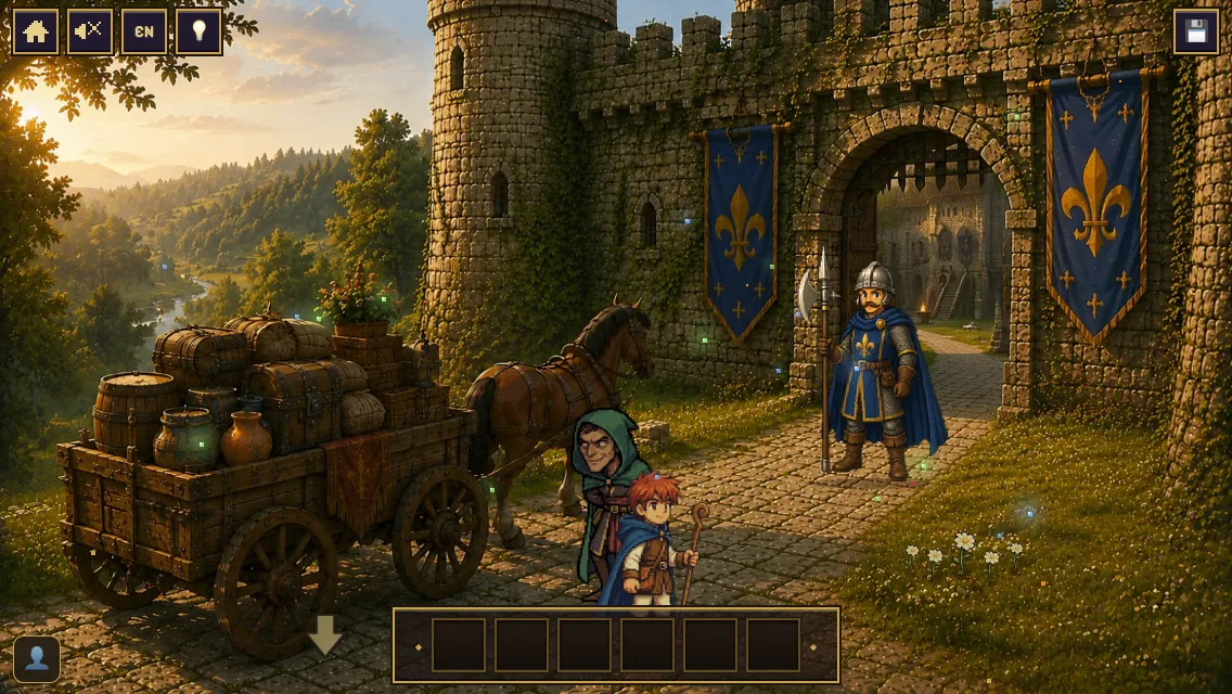 The castle gate guarded by soldiers